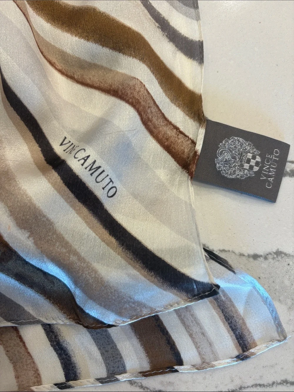 Vince Camuto Striped Asymmetrical Midi Scarf  in White, Brown & Gray 66 by 17